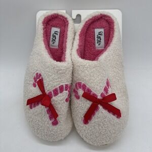Olivia Miller Cozy Fuzzy Slippers House Shoes Size Medium 8/9 New Pink Candycane